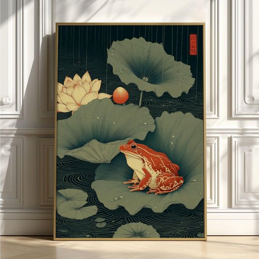 Japanese Frog Art Print - Lotus Pond Wall Decor, Ukiyo-e Style