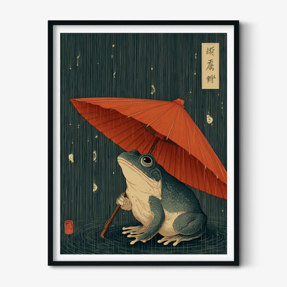 Japanese Frog Art Print – Ukiyo-e Style Toad Wall Art, Red Umbrella Poster