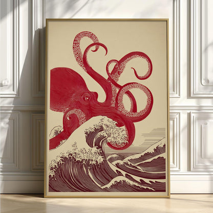 Japanese Octopus Print - Red Takō uUkiyo-e Wave Art Poster