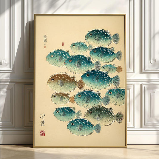 Japanese fish art print - vintage pufferfish wall decor - coastal ukiyo-e style