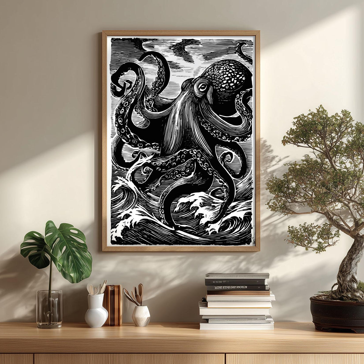 Japanese octopus print - black and white wave art - linocut wall decor