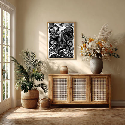 Japanese octopus print - black and white wave art - linocut wall decor