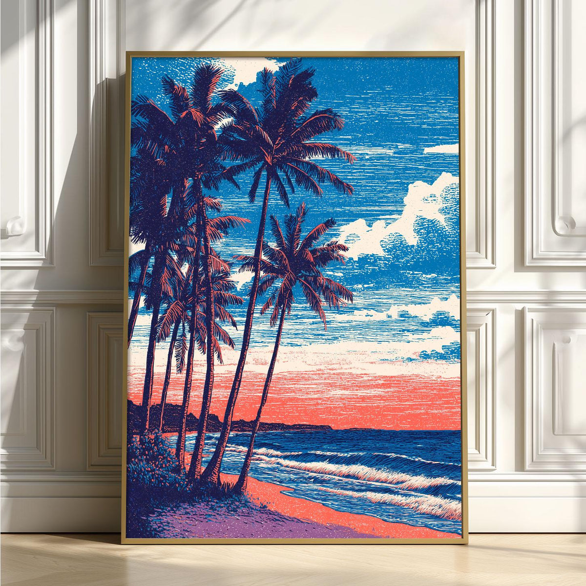 Tropical Beach Print - Palm Tree Coastal Wall Art, Sunset Ocean Poster