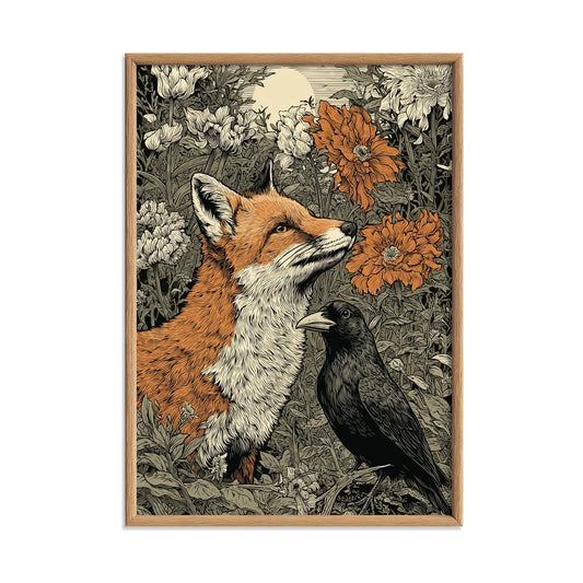 Fox and Crow Art print - Botanical Woodland Wall Decor - Vintage Style illustration