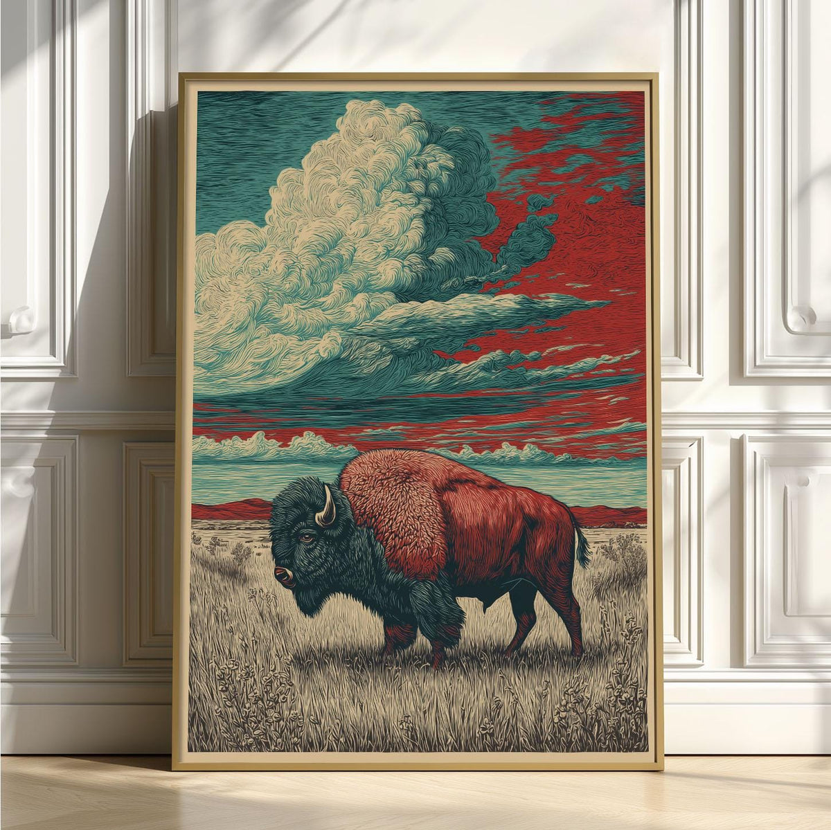 Bison Art Print - Buffalo Wall Art Landscape illustration - Western Decor