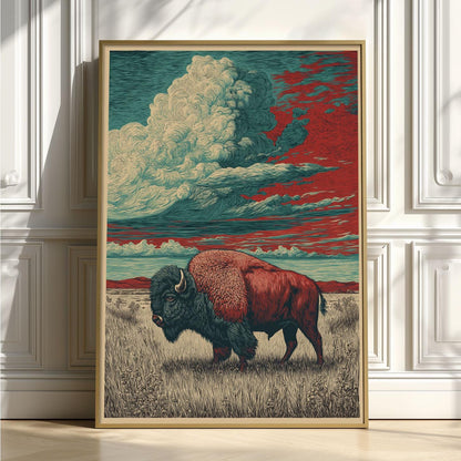 Bison Art Print - Buffalo Wall Art Landscape illustration - Western Decor