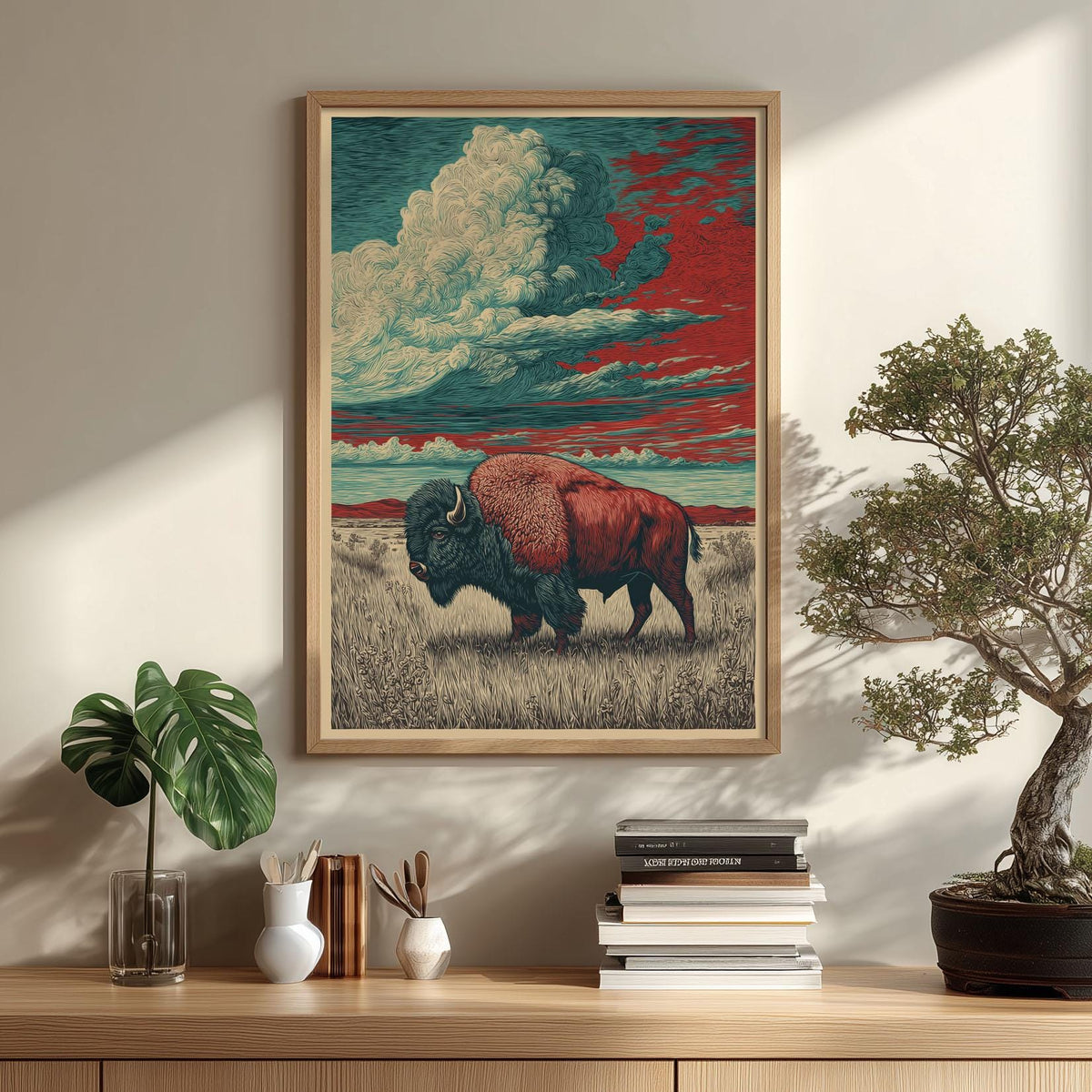 Bison Art Print - Buffalo Wall Art Landscape illustration - Western Decor