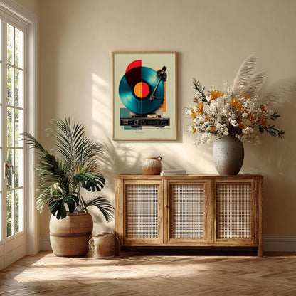 Retro Record Player Wall Art Print - Vinyl Turntable Poster, Mid-Century Modern Decor
