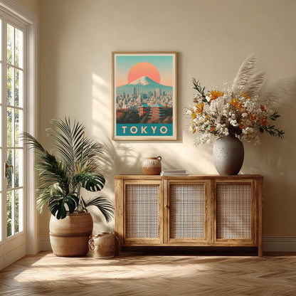 Tokyo Travel Poster Print - Retro Japan Wall Art with Mount Fuji Skyline