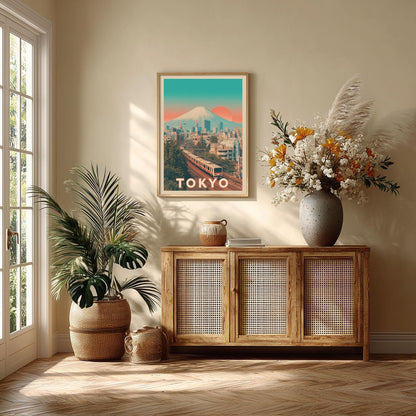 Tokyo Travel Poster Print - Retro Mt Fuji Wall Art - Japan Cityscape Decor