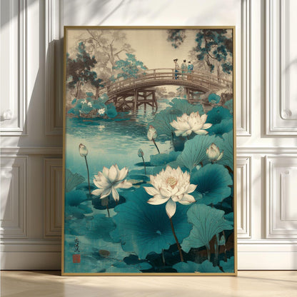 Lotus pond art print - Japanese bridge landscape wall decor