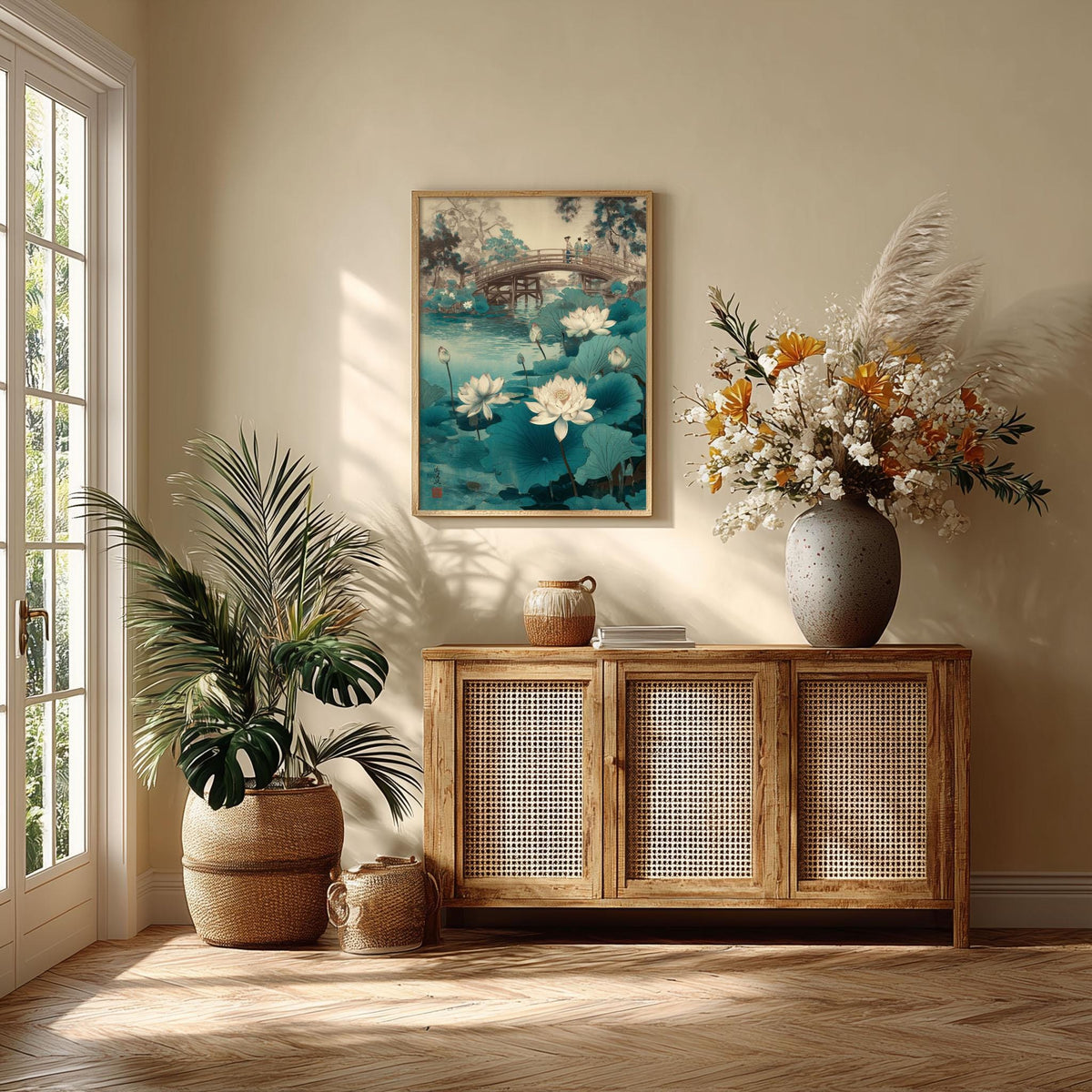 Lotus pond art print - Japanese bridge landscape wall decor