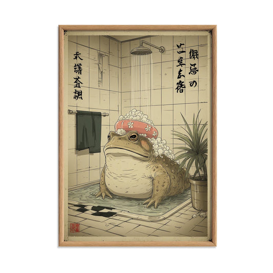 Frog in Shower Art Print - quirky bathroom wall decor, Japanese style illustration