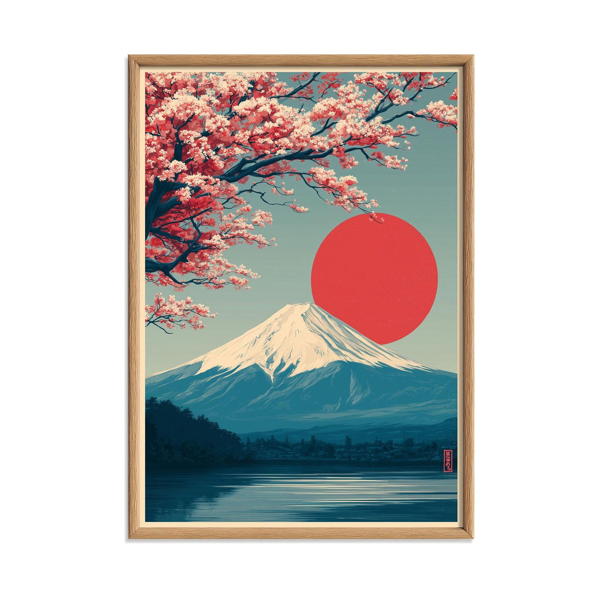 Mount Fuji Print - Japanese Wall Art with Red Sun and Cherry Blossoms
