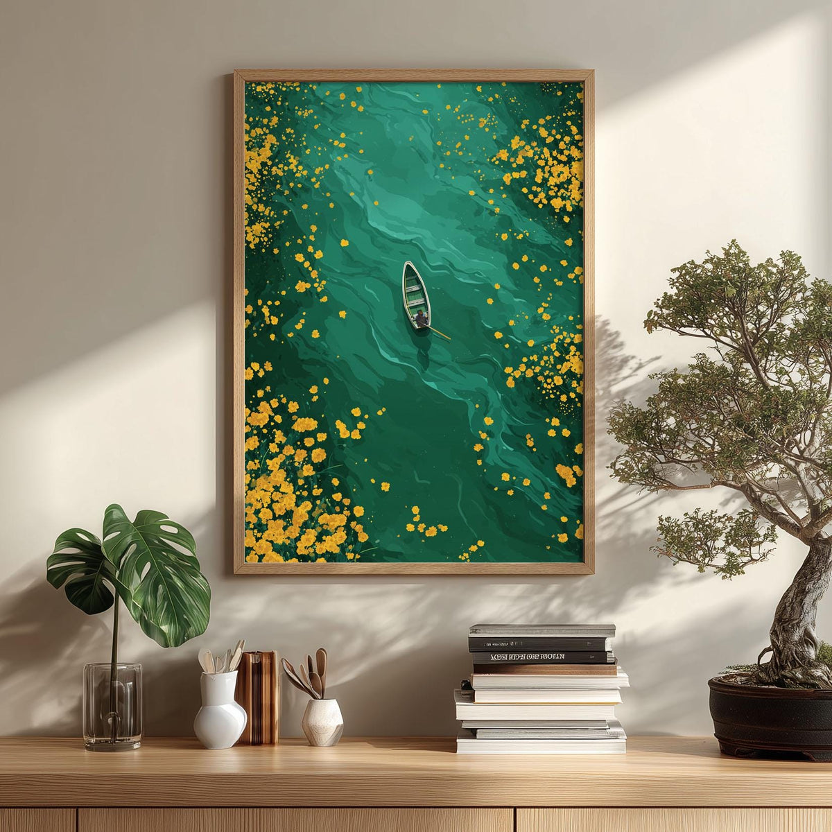 Boat on Emerald Lake Art Print | teal green wall art | modern landscape poster
