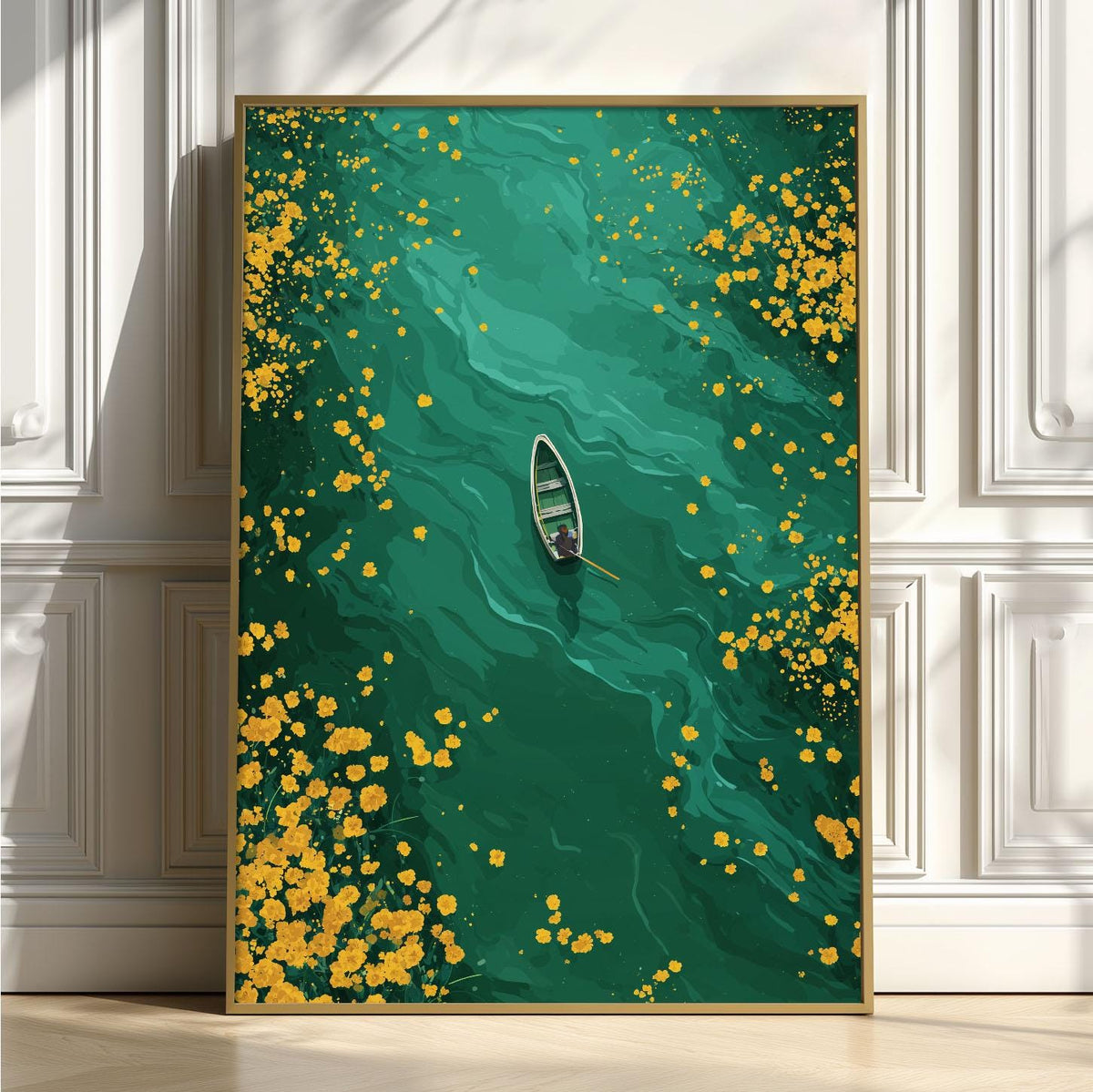 Boat on Emerald Lake Art Print | teal green wall art | modern landscape poster
