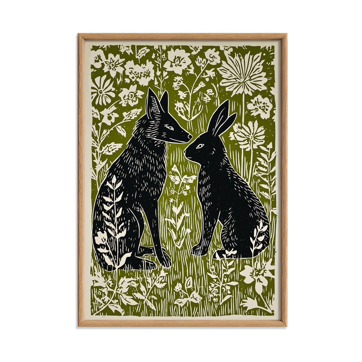 Fox and Hare Linocut Print | Woodland Animal Art Poster | Green Floral Illustration