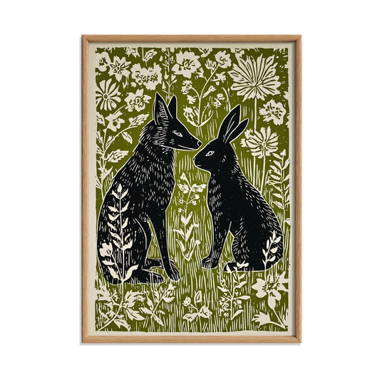 Fox and Hare Linocut Print | Woodland Animal Art Poster | Green Floral Illustration