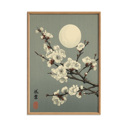 Japanese blossom moon print | vintage ukiyo-e wall art poster | cherry plum floral decor