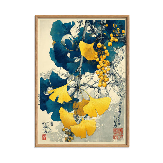 Ginkgo botanical print | Japanese art wall decor | Blue gold leaves poster