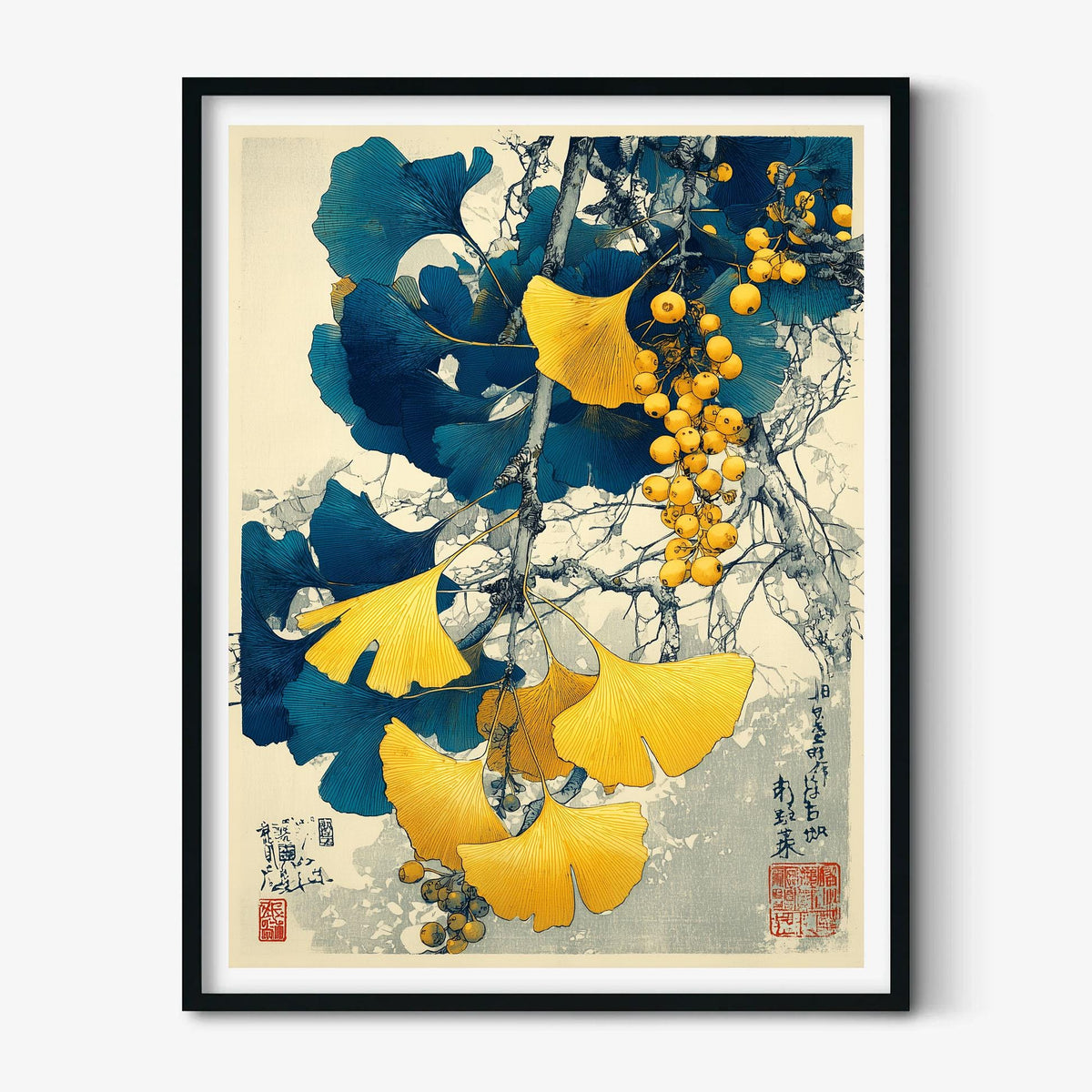 Ginkgo botanical print | Japanese art wall decor | Blue gold leaves poster