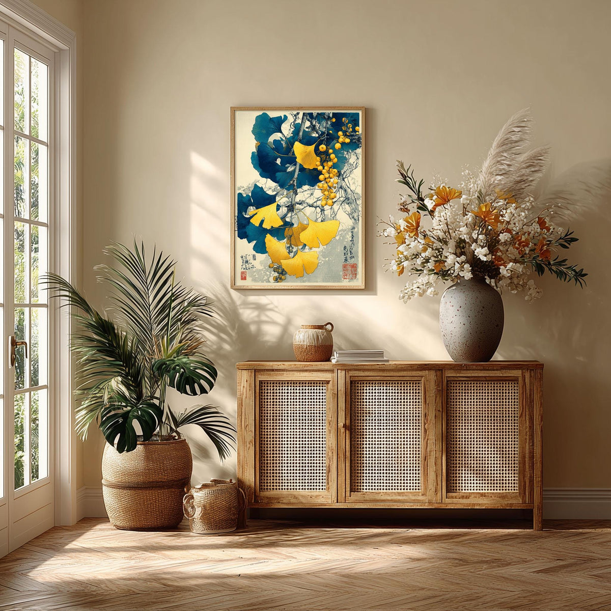 Ginkgo botanical print | Japanese art wall decor | Blue gold leaves poster