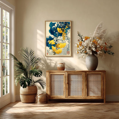 Ginkgo botanical print | Japanese art wall decor | Blue gold leaves poster
