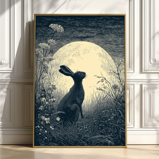 Moon Hare Print – Celestial Woodland Poster | British Folklore Wall Art