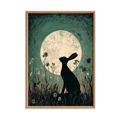 Moonlit hare art print | woodland wall art | teal green night sky