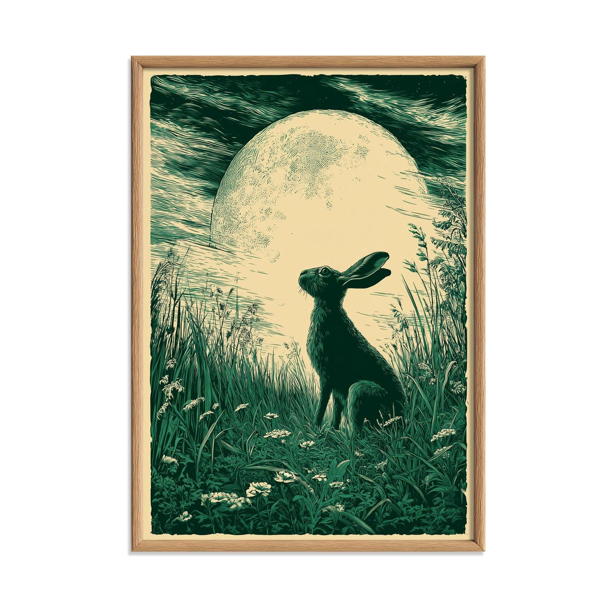 Moonlit hare art print - woodland wall decor - green nocturne illustration