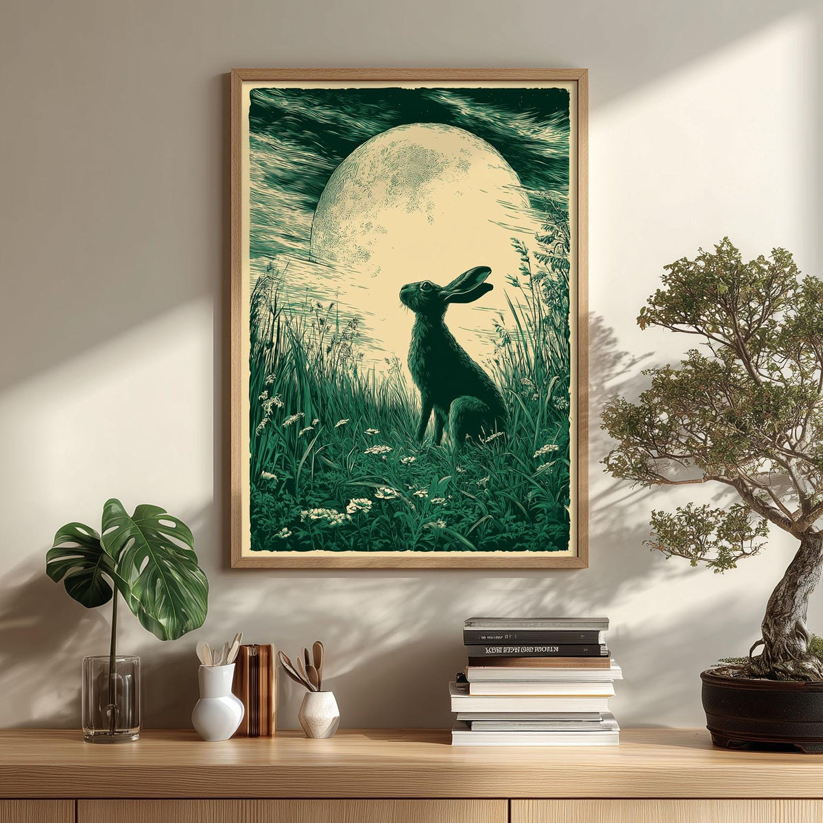 Moonlit hare art print - woodland wall decor - green nocturne illustration