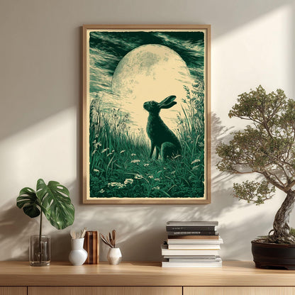 Moonlit hare art print - woodland wall decor - green nocturne illustration
