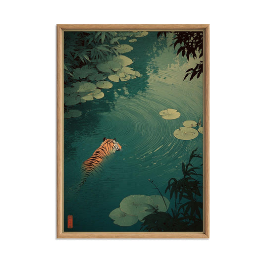 Jungle tiger poster | Calm water lily pond print | Minimal nature wall art