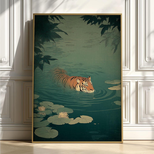 Tiger wall art print | vintage-style jungle illustration | teal green decor