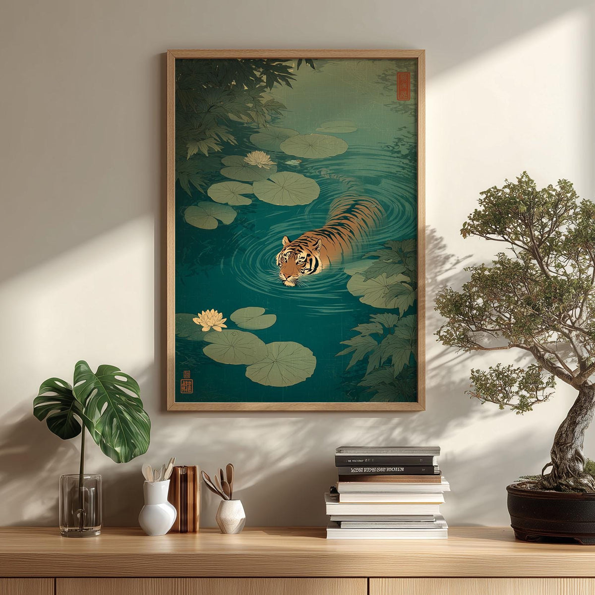 Swimming tiger poster- serene lily pond illustration wall decor