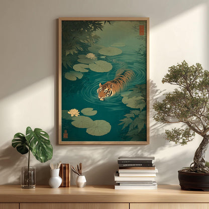 Swimming tiger poster- serene lily pond illustration wall decor