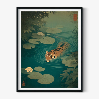 Swimming tiger poster- serene lily pond illustration wall decor