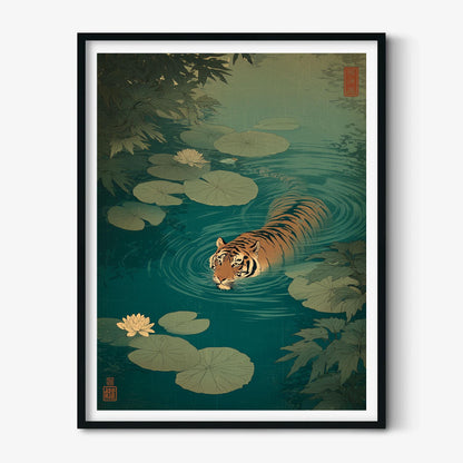 Japanese tiger art print - ukiyo-e style wall decor, lily pond illustration