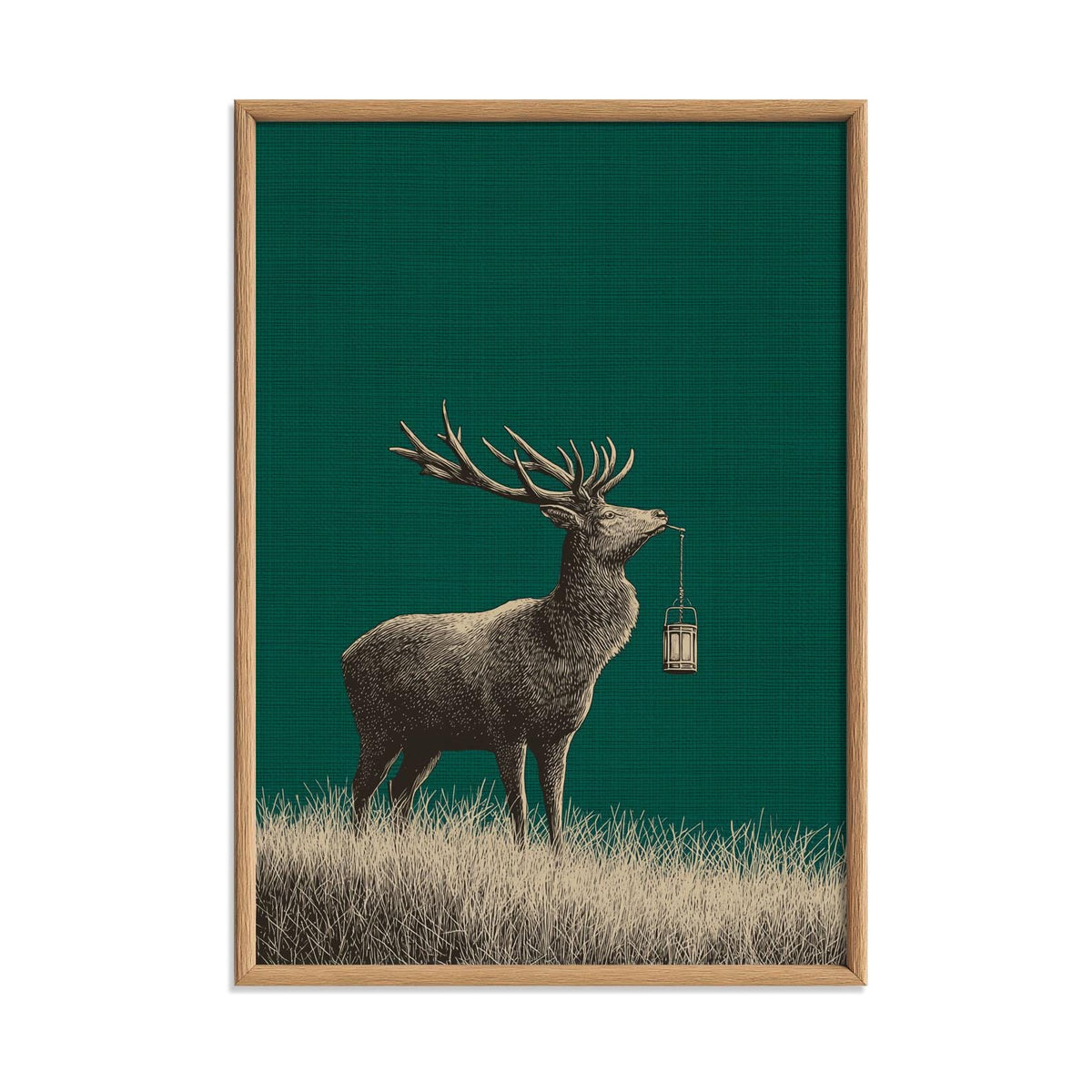 Stag wall art print - vintage woodland deer with lantern on green