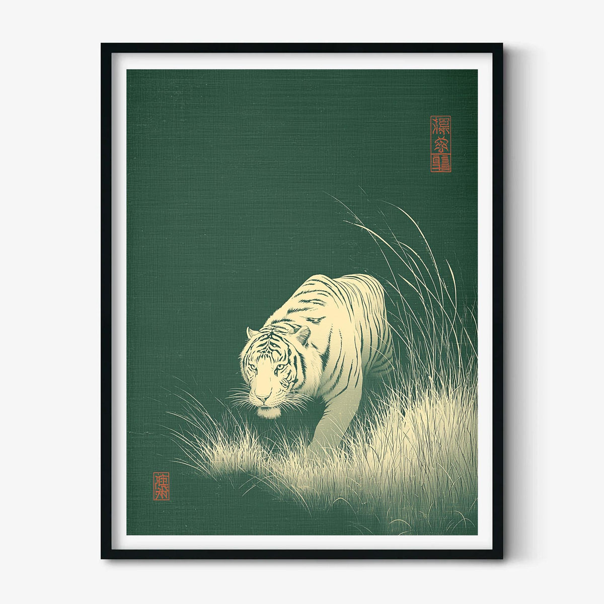 Tiger art print, Japanese style illustration, green wall art