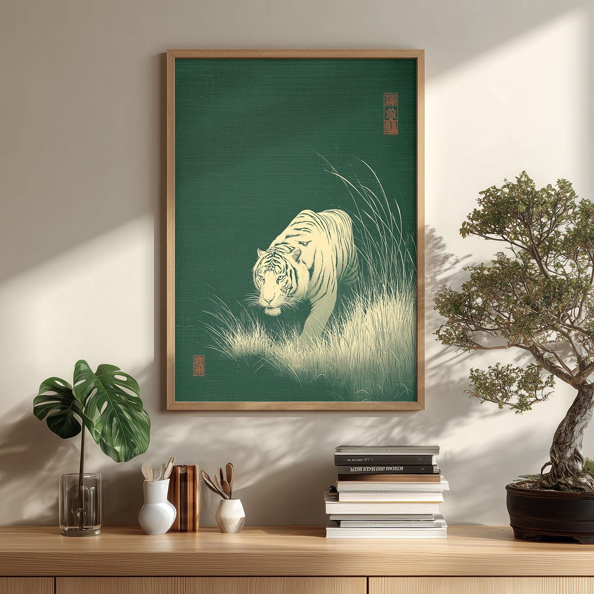 Tiger art print, Japanese style illustration, green wall art