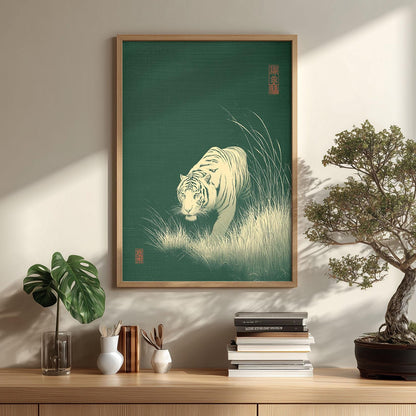 Tiger art print, Japanese style illustration, green wall art