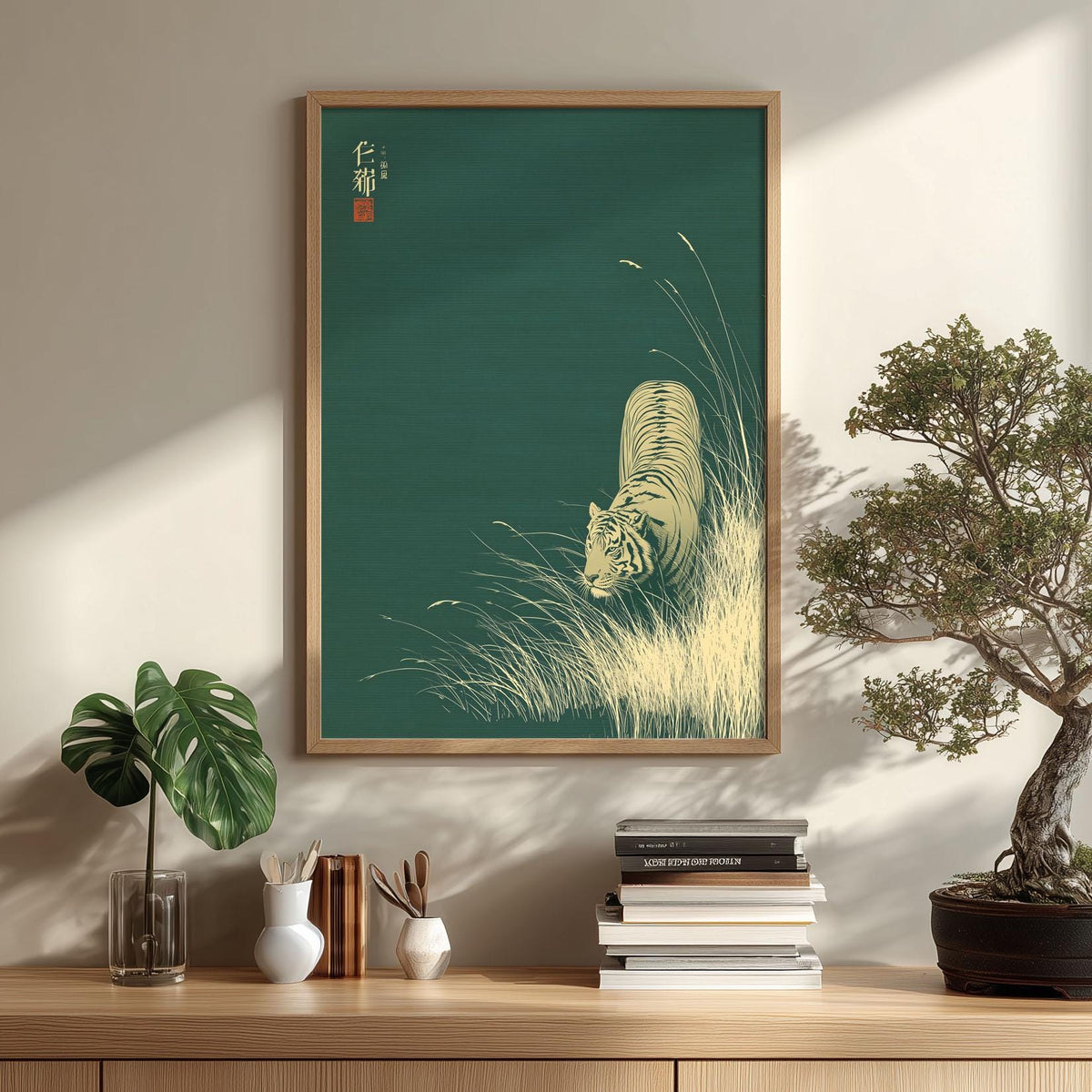 Tiger art print, Japanese style wall art, emerald green, minimalist wildlife poster, unframed
