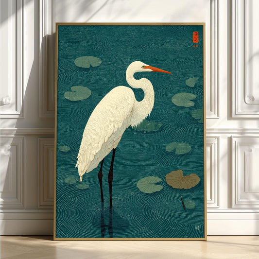 Crane art print, Japanese style bird wall art, teal lily pond illustration