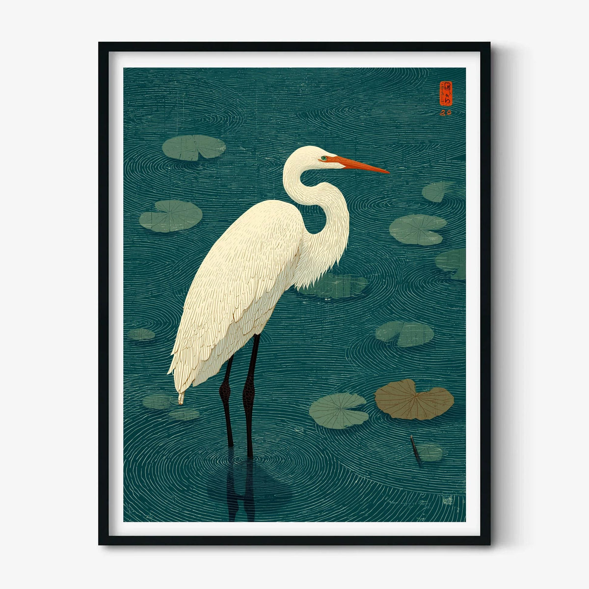 Crane art print, Japanese style bird wall art, teal lily pond illustration