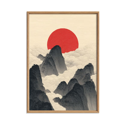 Japanese Sun and Mountains Print, Minimalist Wall Art, Red Rising Sun Poster