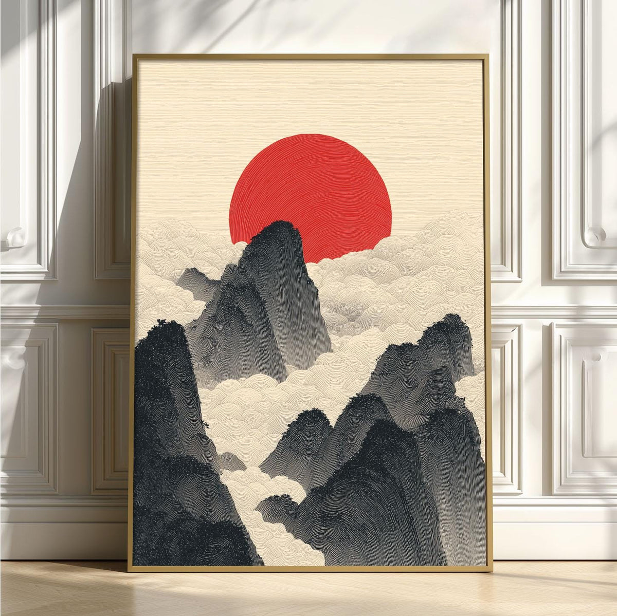 Japanese Sun and Mountains Print, Minimalist Wall Art, Red Rising Sun Poster