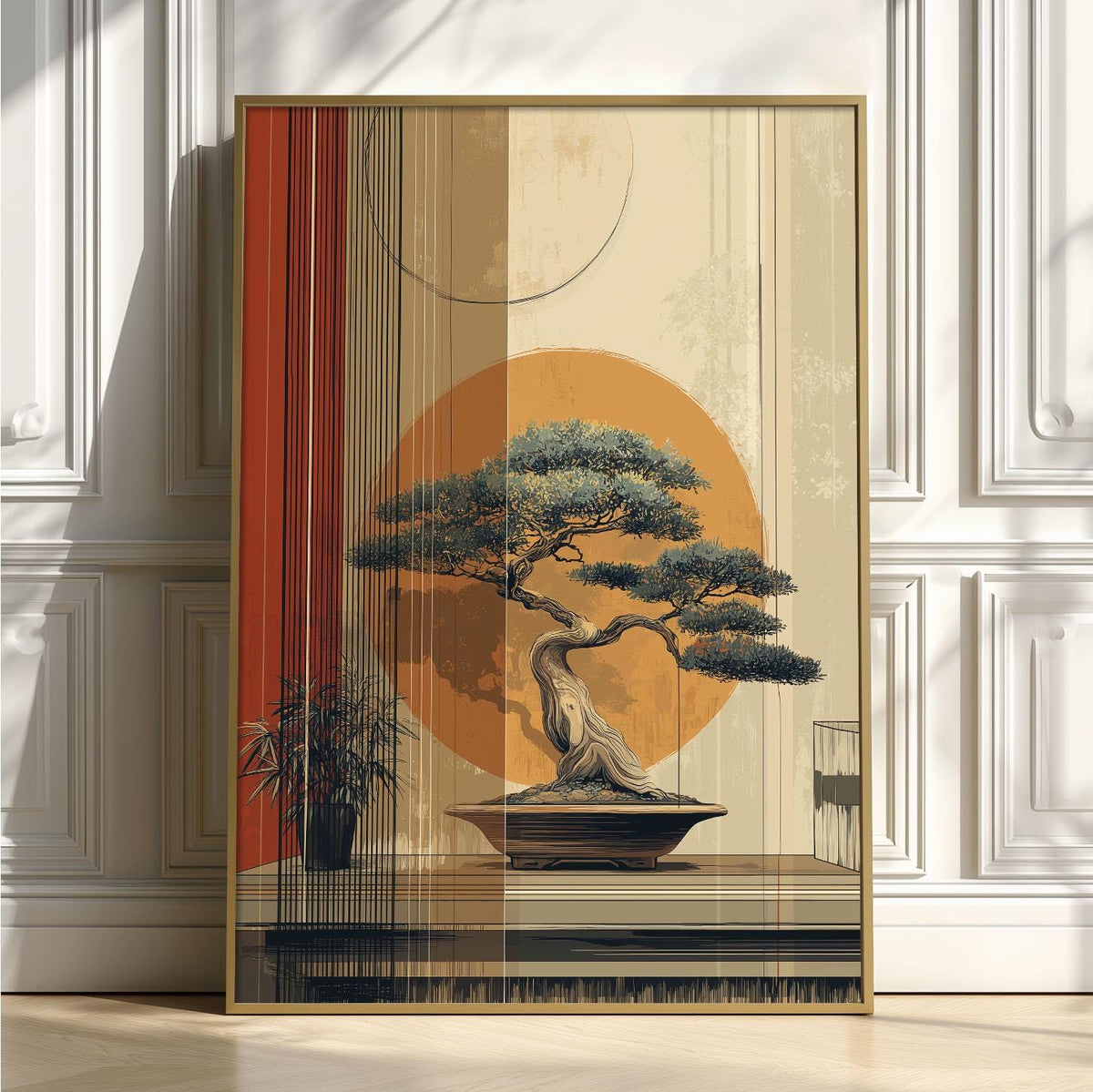 Bonsai Wall Art Print, Japanese Sun Poster, Minimalist Zen Decor