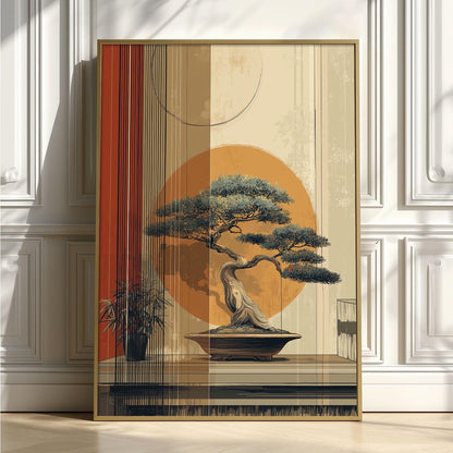 Bonsai Wall Art Print, Japanese Sun Poster, Minimalist Zen Decor