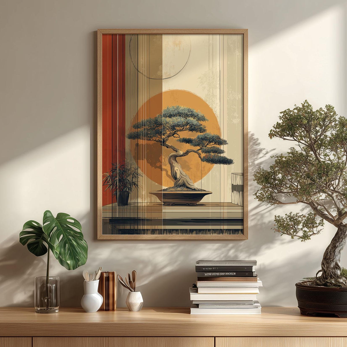 Bonsai Wall Art Print, Japanese Sun Poster, Minimalist Zen Decor